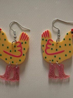 Quirky Chicken Earrings with Pink Glitter Boots